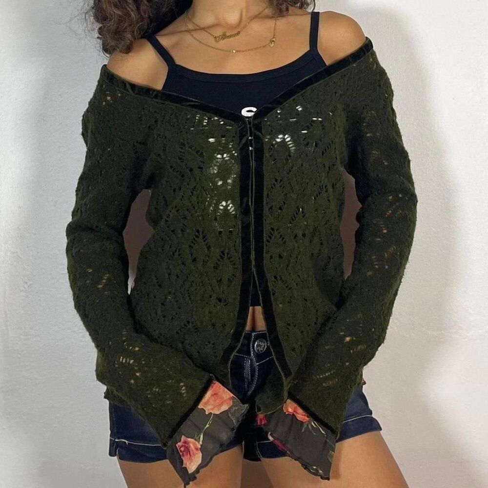 Y2K Green Floral Knit Cardigan